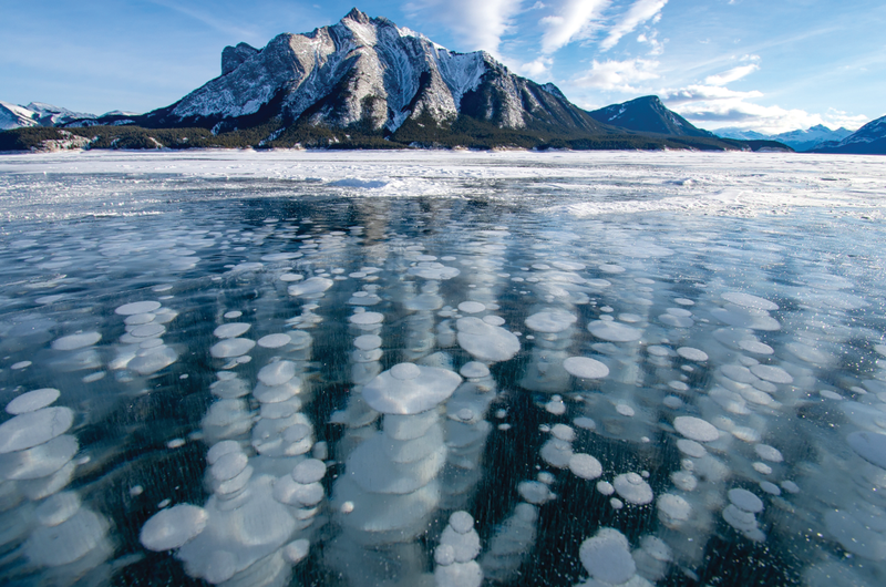 Abraham lake freezes over in winter and methane bubbles were trapped.