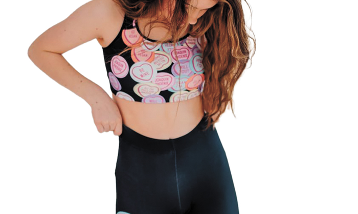 Model wearing eco-friendly plant-based workout clothes from sustainable fashion clothing maker Viva la Vegan