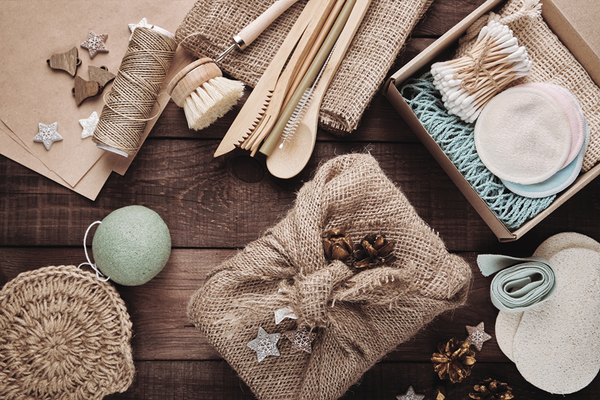 Eco-friendly toiletry gifts wrapped in sustainable holiday packaging