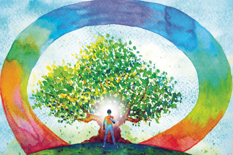 Illustration of colorful circle around person standing in front of tree